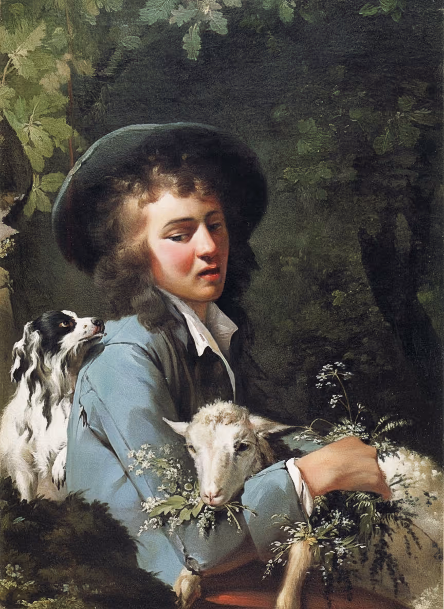 Painted portrait of Pierre-Toussaint Déchazelle in blue attire, with a lamb and dog