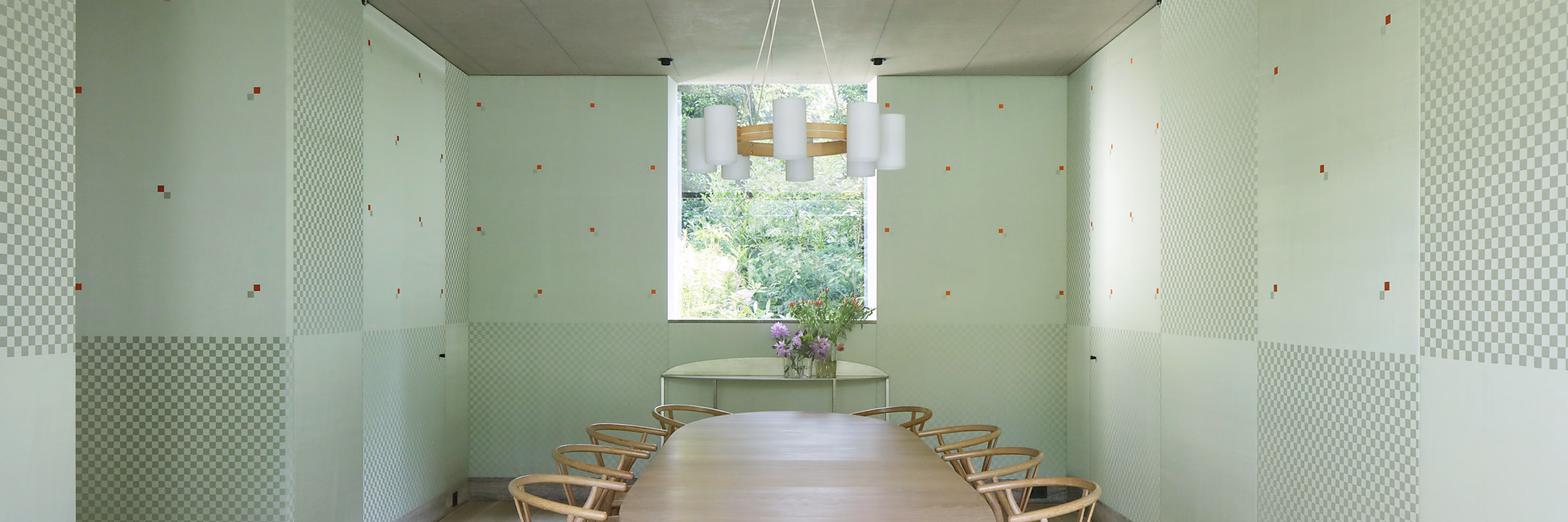 The dining room of the Deurle house, dressed in the Distinct Oscillation II damask